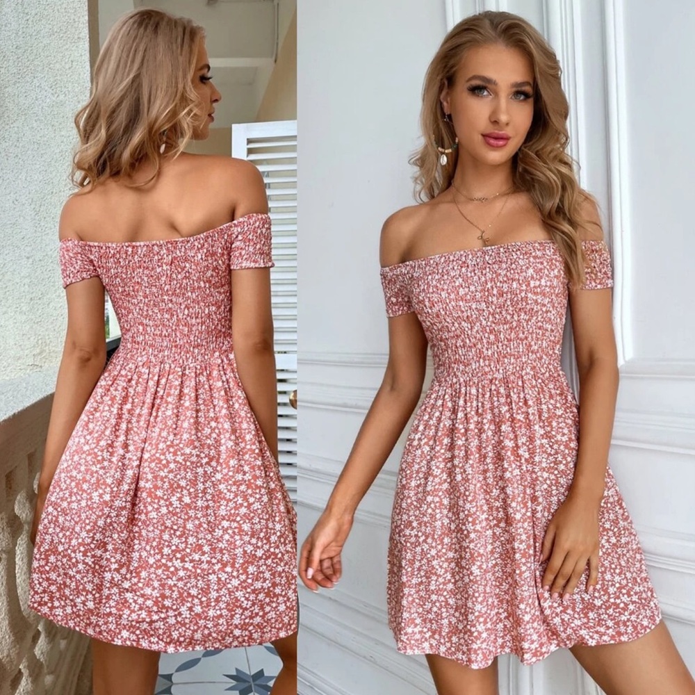Shirred off the shoulder floral print dress boho gypsy orange - Picture 1 of 7